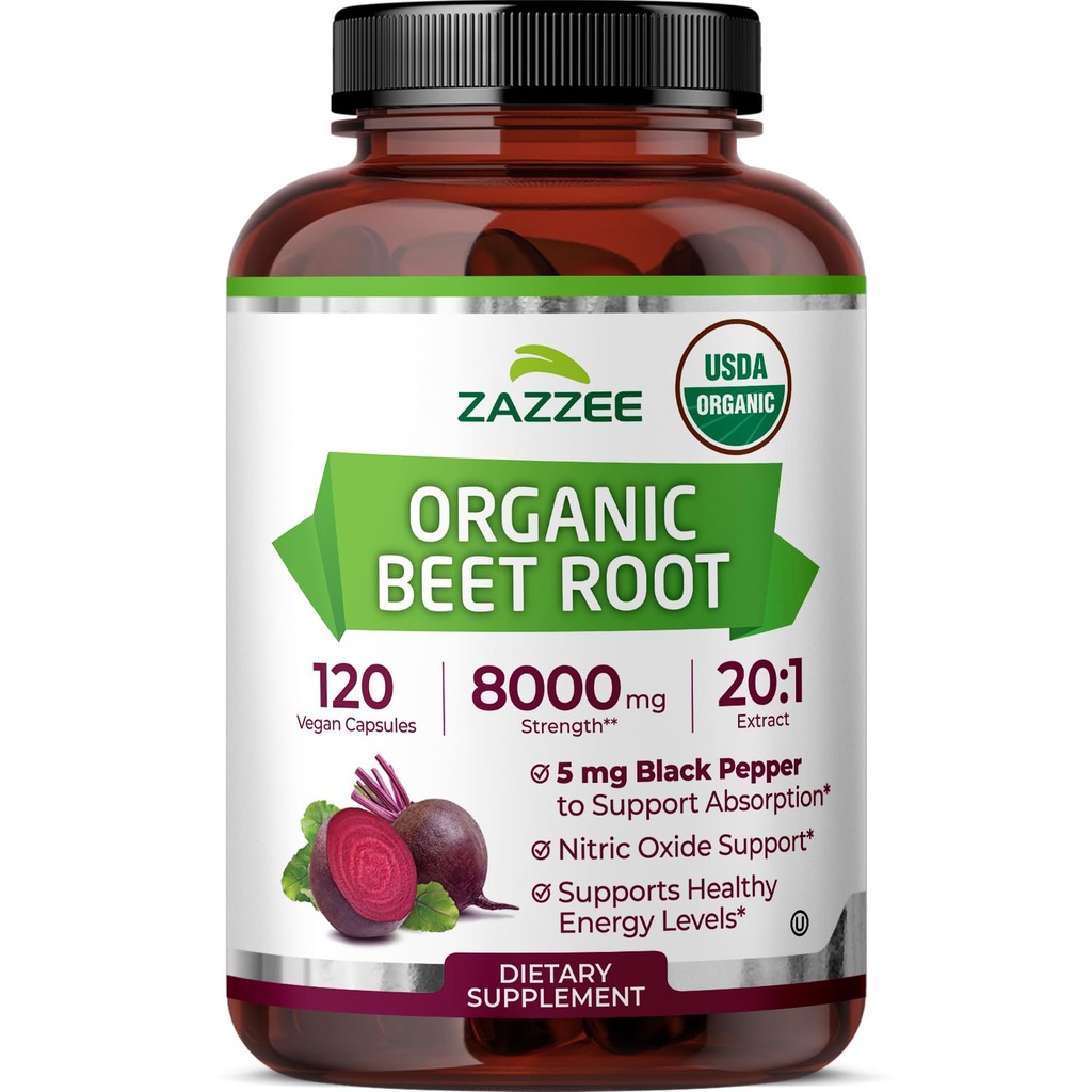 Zazzee USDA Organic Beet Root 8000 mg Jakost 20:1 Izvleček, 120 Veganske kapsule za hitro sproščanje, izvleček črnega popra za izboljšano absorpcijo, podpira proizvodnjo dušikovega oksida, ne-GMO, Izdelano v ZDA