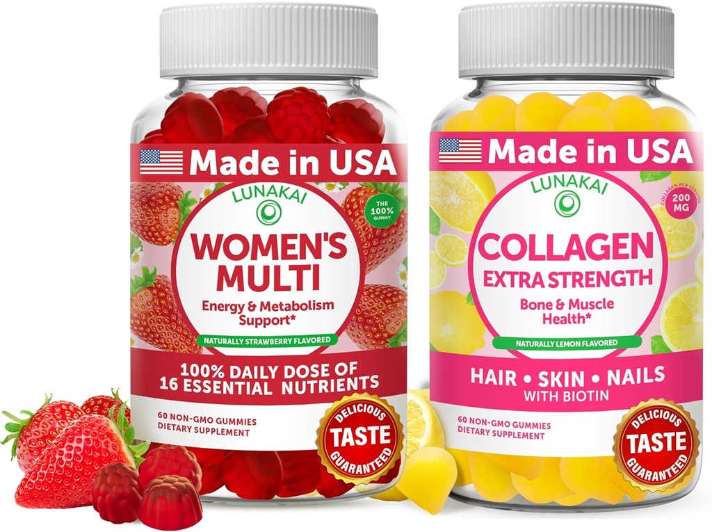 Lunakai Womens Multi in Collagen Gummies Combo - Vse naravne dodatke, Gluten-free, No Corn Syrup 60 ct Collagen in 60 ct ženske multivitaminski - 30-dnevno oskrbo