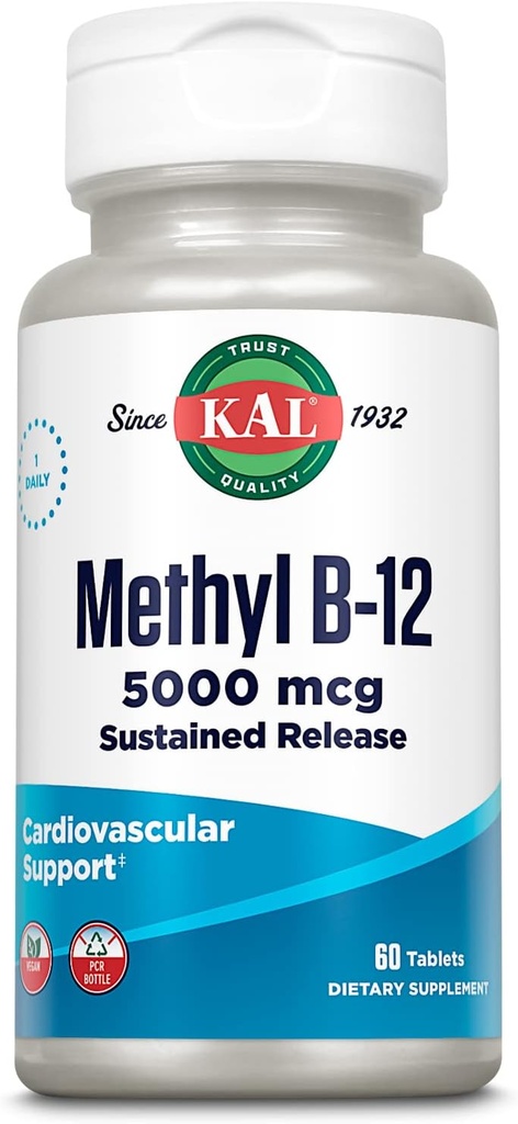 KAL Vitamin B12 Metilcobalamin 5000mcg, Zdrava energija, Presnova, Živčna in rdeča podpora krvnih celic,* Hitra Dissolve ActivMelts, Optimalna absorpcija, Naravni Raspberry Flavor, 90 Servings, 90 Micro Tabs
