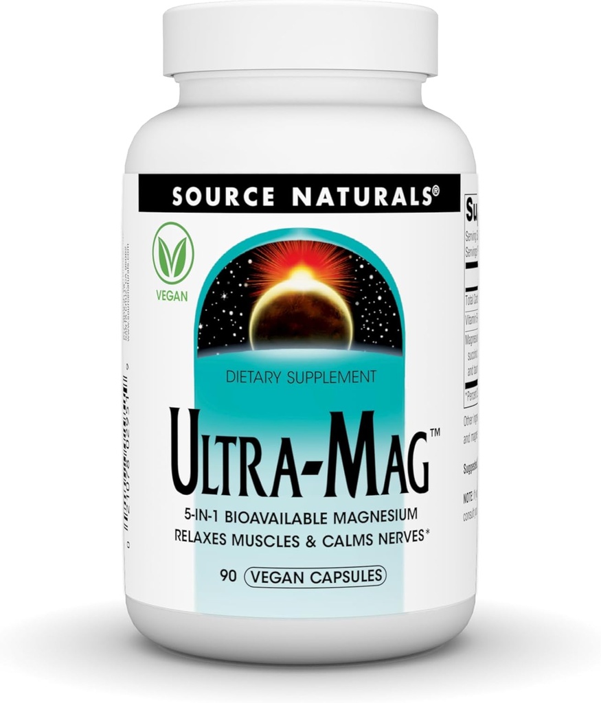 Vir Naturals Ultra-Mag, Veganski prehranski dodatek, 5-v1 Biorazpoložljiv magnezij, Sprosti mišice in pomiri živci*, Veganske kapsule (90)