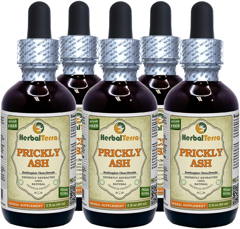 Prickly Ash (Zanthoxylum Clava-herculis) Tinkture, Suhe Bark Liquid Extract (Brand Name: HerbalTerra, Proudly Made in USA) 5x2 fl.oz (5x60 ml)