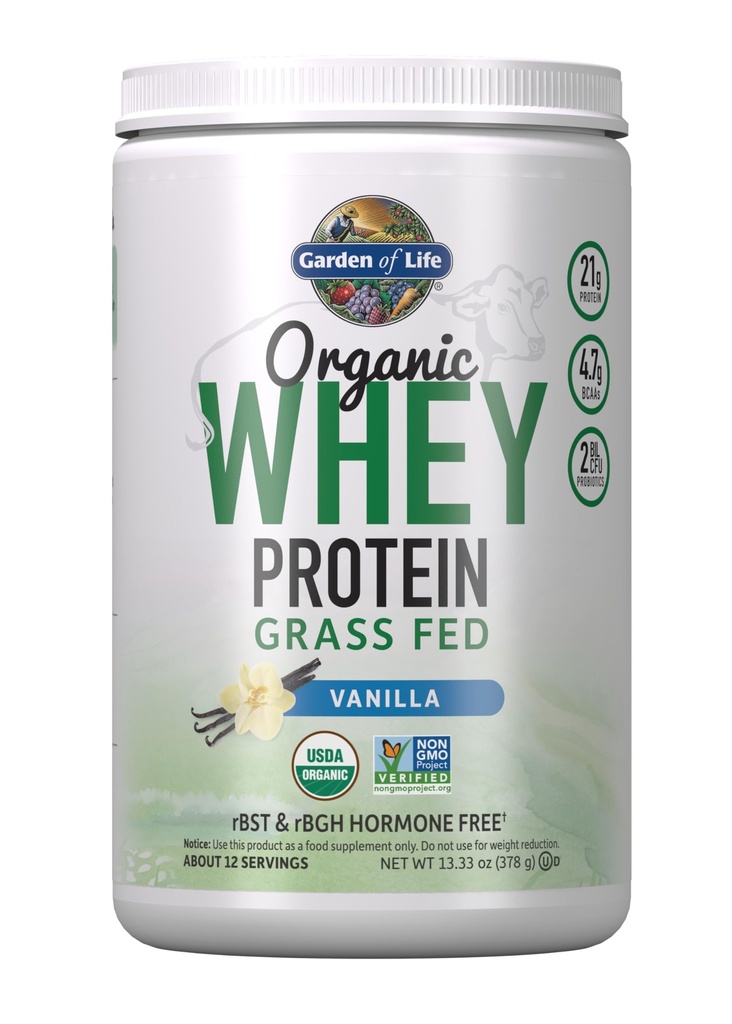 Vrt življenja Grass Fed Whey Protein Powder Vanilla - 21g Beljakovine za ženske in moške + probiotike - 12 Serving - Gluten Free, Non GSO, Kosher, Humane, RBST & rBGH Hormone Free