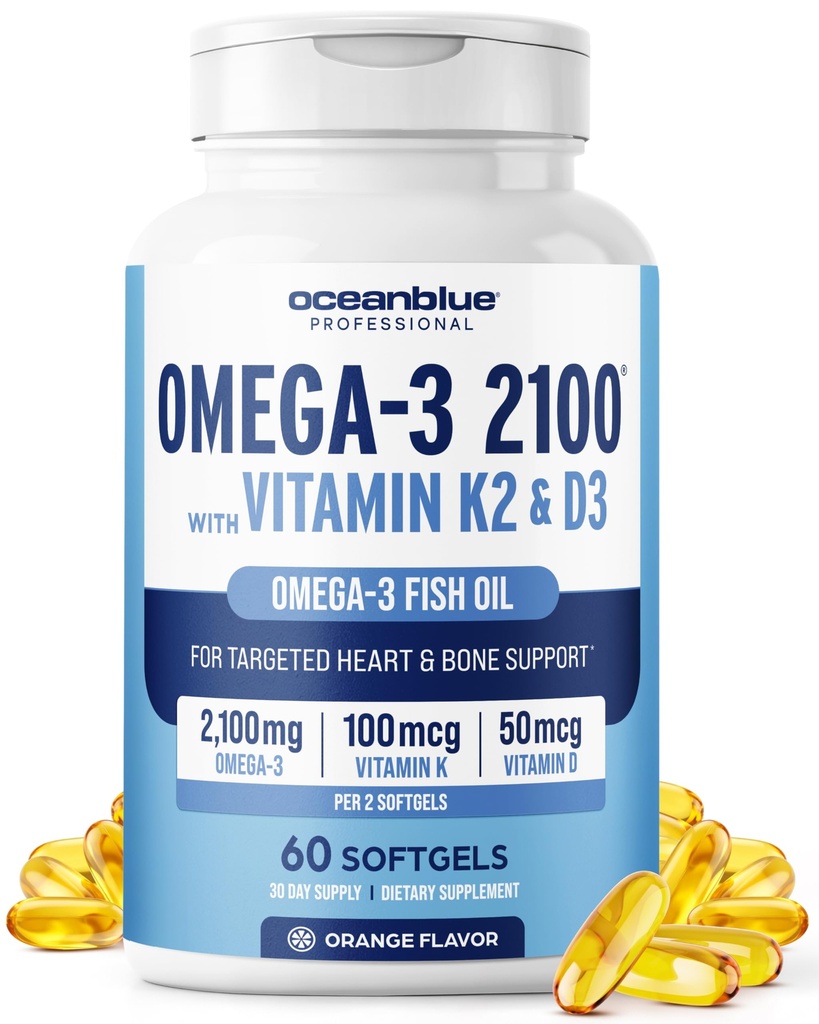 Oceanblue Professional Omega-3 2100 z vitaminom K2 in vitaminom D3-60 Count - Trojno moč Breskev ribje olje Omega-3 dodatek z EPA, DHA & DPA - Wild Caught - Orange Flavor, 30 Servings