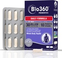 Bio360 Adult Daily Probiotic Supplement za ženske in moške, 30 milijard CFU, 10 sevov, organskih prebiotičnih vlaknin, pregestivnega in imunskega zdravja, občasno zaprtje, driska, plin in napihnjenost, 30CT