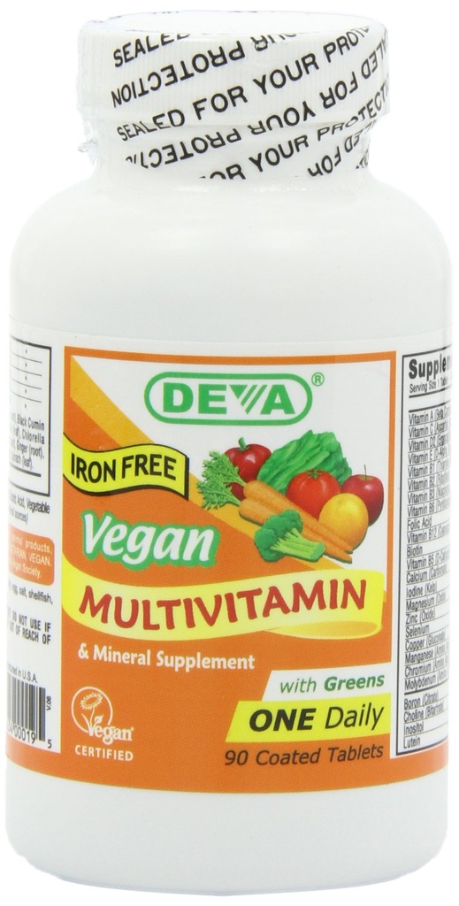 DEVA Vegan brez železa Multivitaminski in mineralni dodatek, zelena živilska mešanica, Spirulina, Klorella, Ashwagandha, Broccoli, 90 Obložene tablete