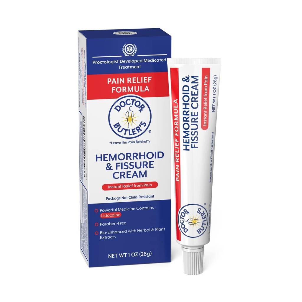 Dr Butlerjev hemorrhoid & fisure Cream – Instant Pain Relief Hemorrhoid Zdravljenje z lidokainom, hitro delujoče Hemorhoid Cream za lajšanje zunanjega srbenja in gorenja (1 oz.)