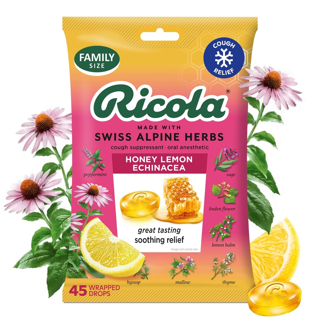 Ricola Medena z Echinacea Kašelj kapljice, 45 Štetje, Okusno lajšanje in nega grla, ustni anestetik, naravno arome