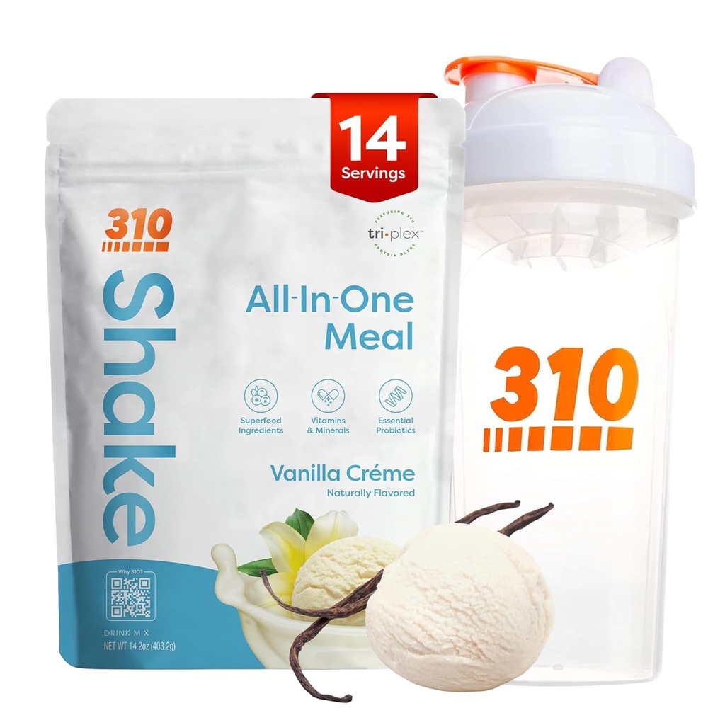 310 Nutrition All-in-One Mechange Shake Powder w/Shaker Cup Starter Kit - High Protein Fiber Rich Vegan Superfood Mešanica - Sugar-free, Keto & Paleo prijazno, Low Carb - Vanilla Creme 14 srv