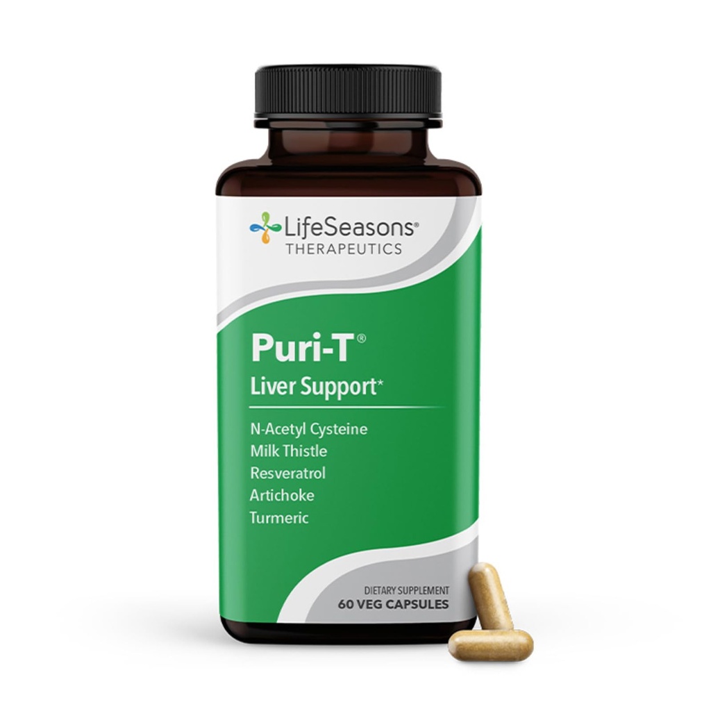 LifeSeasons Puri-T - Jetrna čistila in Detox podpora dodatek - Resveratrol, N-Acetil Cistein, Milk Thistle, Artičoke & Kurkurja - Podpira Regeneracijo tkiva in zdravo Bile pretok - 60 Kapsule