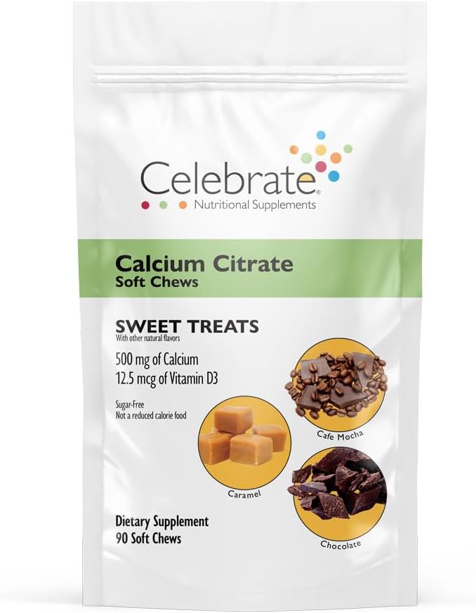 Praznujte vitamine Bariatrični kalcijev citrat Soft Chews z vitaminom D3, 500mg, brez sladkorja in glutena kalcijev citrat za bariatrične bolnike, sladke zdravljenje, 90 Število