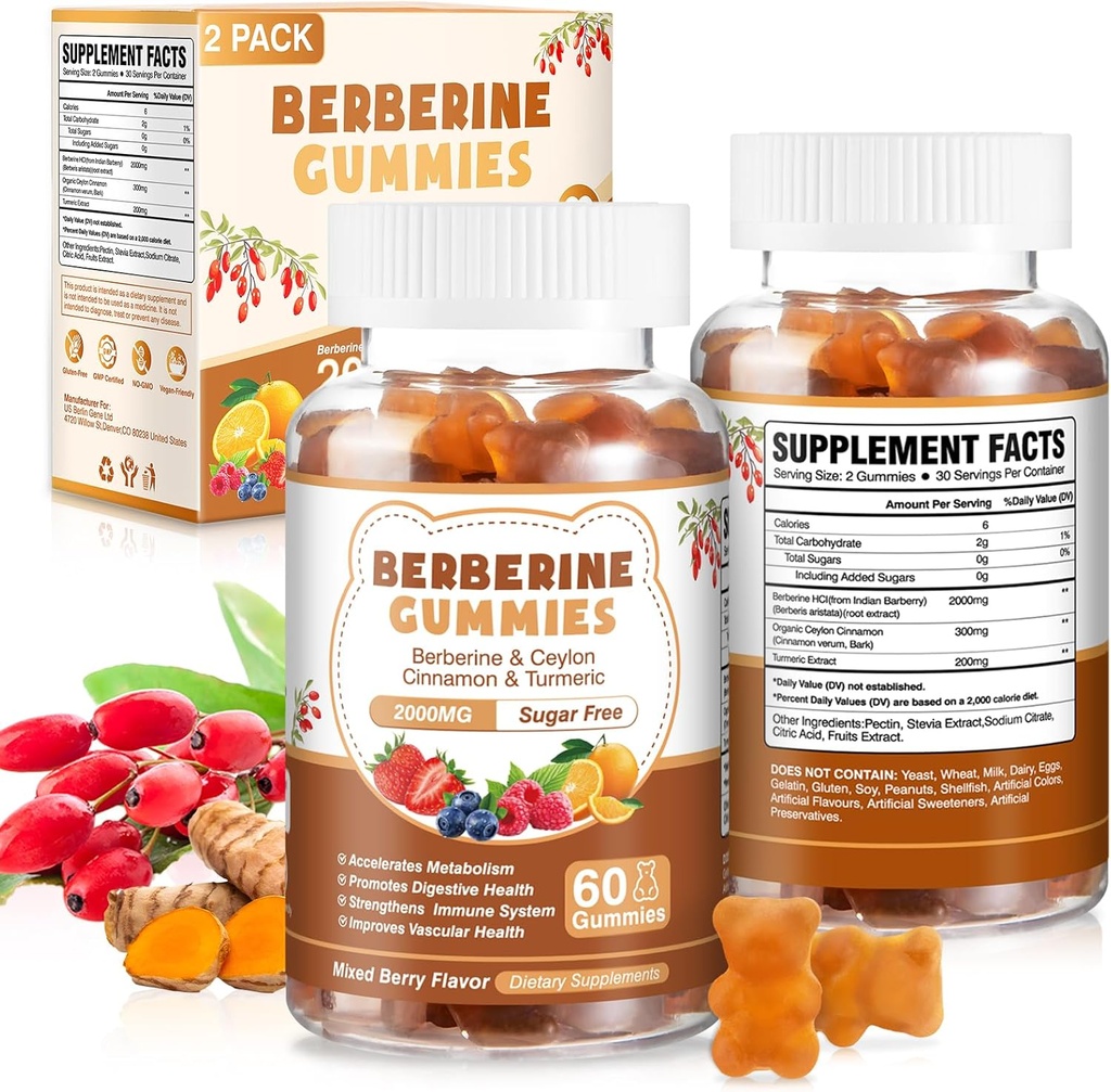 120 Count Berberine Extract Gummies 2000mg Natural Organic Berberine Extract HCI dodatek s Ceylon Cinamon Kurkuma za ženske Podpora prebavni imunski sistem Presnova Mešana Berry aroma