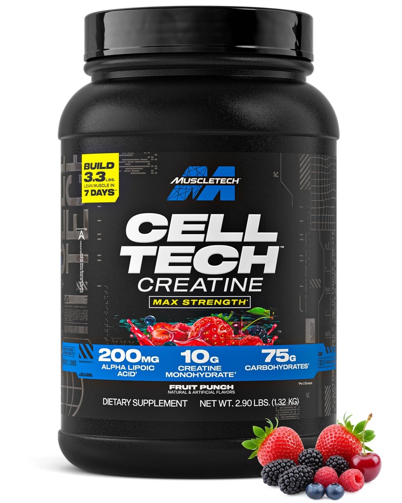 MuscleTech Creatin Monohidrat v prahu Cell-Tech Creatin Post Workout Recovery Drink Muscle Builder Za moške in ženske Muscle Building Dodatki sadje Punch, 3 lbs (27 Serv)
