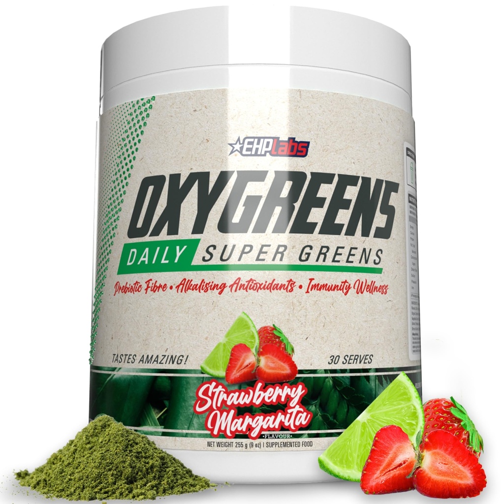 EHP Labs OxyGreens Super Greens Powder - Spirulina & Chlorella Superfood, Green Juice Powder & Greens Dodatki s prebiotičnimi vlakni, antioksidanti in imunosti podporo, 30 Serve (Strawb. Margarita)