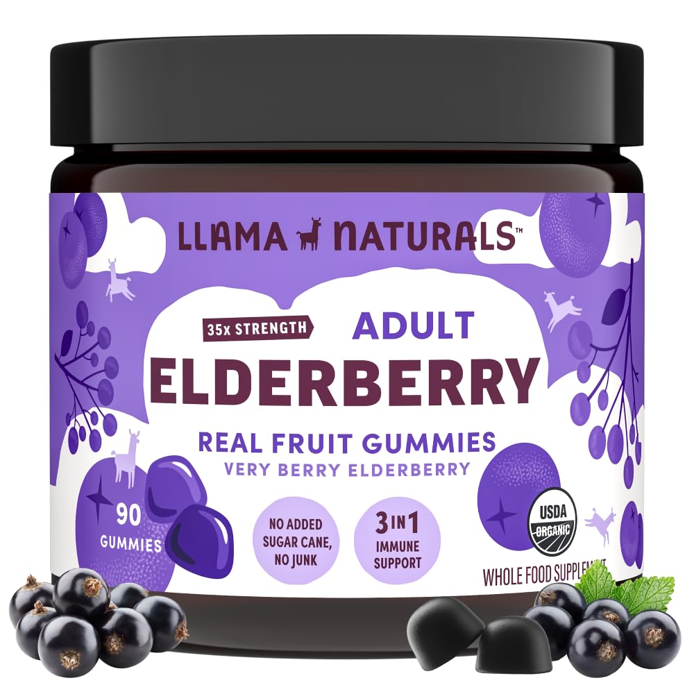 Llama Naturals Elderberry Gummies za odrasle, Vegan, organska Imunska podpora dodatek z vitaminom C in cinkom, pravi sadni Gummi vitamini za imuniteto, žvečljivi, brez dodanega sladkornega trsa, 90 Ct