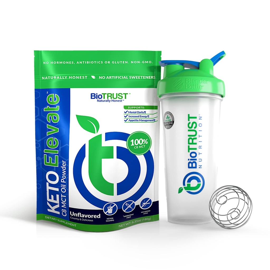 Biotrust Keto Elevate Pure C8 MCT olje v prahu (nearomatizirana) BlenderBottle paket