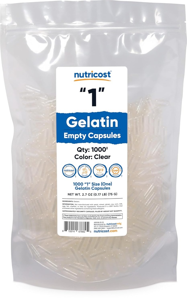 Nutricost Prazne kapsule Želatina Velikost 1-1000 Počisti Prazne '1' Gel kapsule - Košir, Ne-GMO, Soy Free, Gluten Free