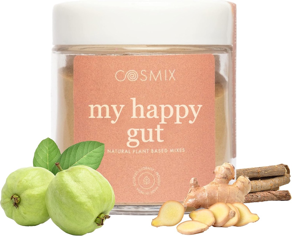 cosmix My Happy Gut, za izboljšano prebavo, napihovanje in splošno črevesno zdravje, naravna, na rastlinah osnovana superživilska mešanica, naredi do 40 postrežbe, dodan sladkor, Vegan 50 G (Pack of 1) Brown
