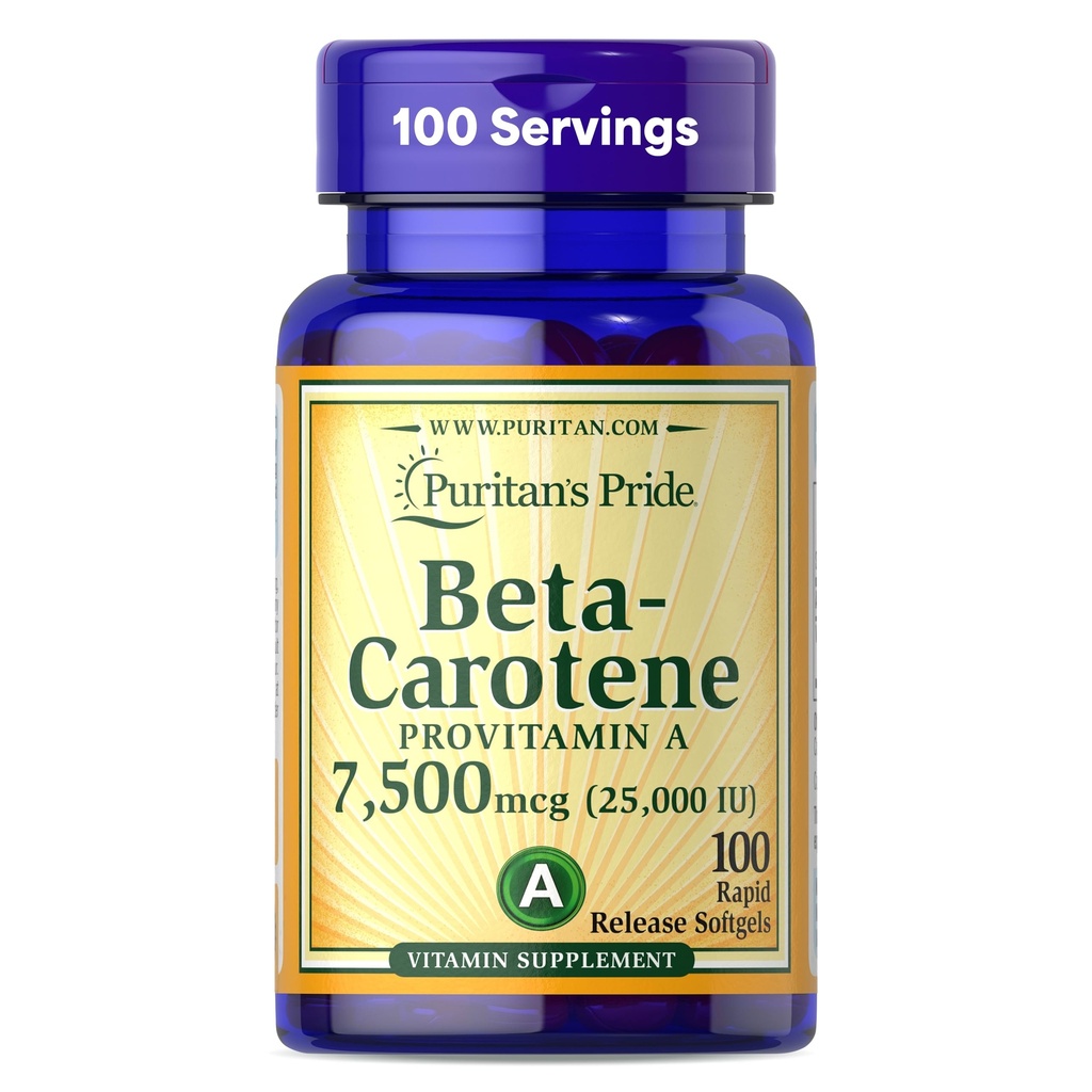 Puritan's Pride Beta karoten Provitamin A 7500mcg (25.000 i.e.), dodatek vitaminov za imunski sistem, antioksidant in zdravje oči, 100 dnevna oskrba, 100 kapsul za hitro sproščanje