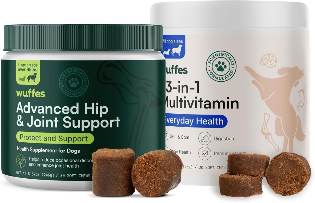 Wuffes Hip in skupni dodatek za velike pasme in 23-v-1 multivitaminski paket