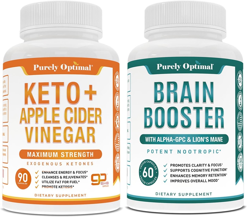 Čisto Optimal Premium Keto tablete + Apple Cider Vinegar kapsule z mati + Premium Možganski dodatek - Nootropic Brain Booster for Focus, Clarity, Izboljšan spomin, Koncentracija in boljši razpoloženj