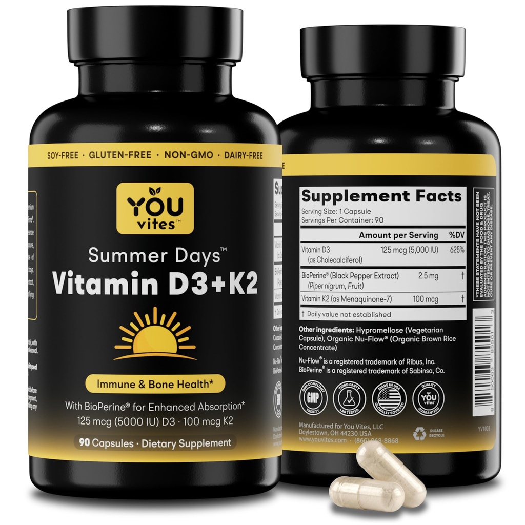 Vitamin D3 + K2 - Max Absorpcija, 5000 i.e. D3 & 100 mcg K2 MK-7 (Menakinon-7) z BioPerinom - podporo kosti, srca in imunskega sistema - brez glutena, brez soje - 90 kapsul - dnevni dodatek
