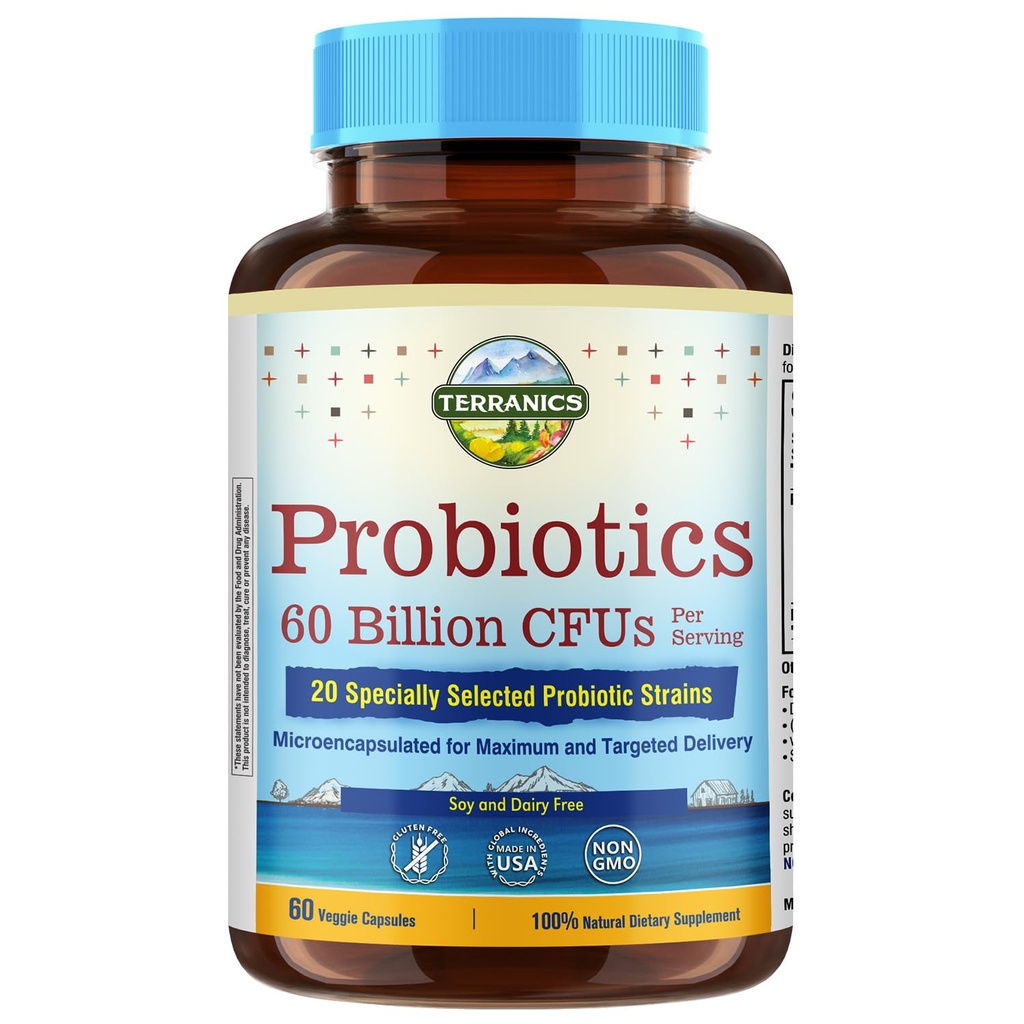 Teraniki Probiotiki 60 milijard CFU, 20 sevi, 60 Veg kapsule, Prebiotiki in probiotiki, Rokavice Stabilni probiotični dodatek za moške in ženske, Prebavni in Imunski zdravje, Non-GMO, NO Soy, Dairy & Gluten