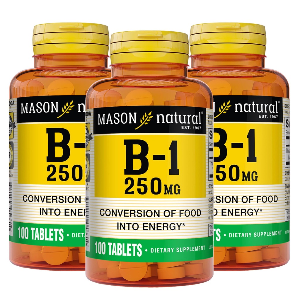 MASON NARAVNI Vitamin B1 Tiamin 250 mg, 300, dnevno oskrbo, prehransko dopolnilo za podporo ravni naravne energije, 100 tablet (paket 3)