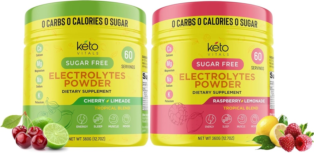 Keto Vitals Cherry Limeade Bundle z Raspberry Limonade - 2 Pack Bundle Keto Elektroliti Powder - Elektroliti s kalijem, Magnezij, Natrijev, Kalcij - Cherry Limeade & Raspberry Limonade