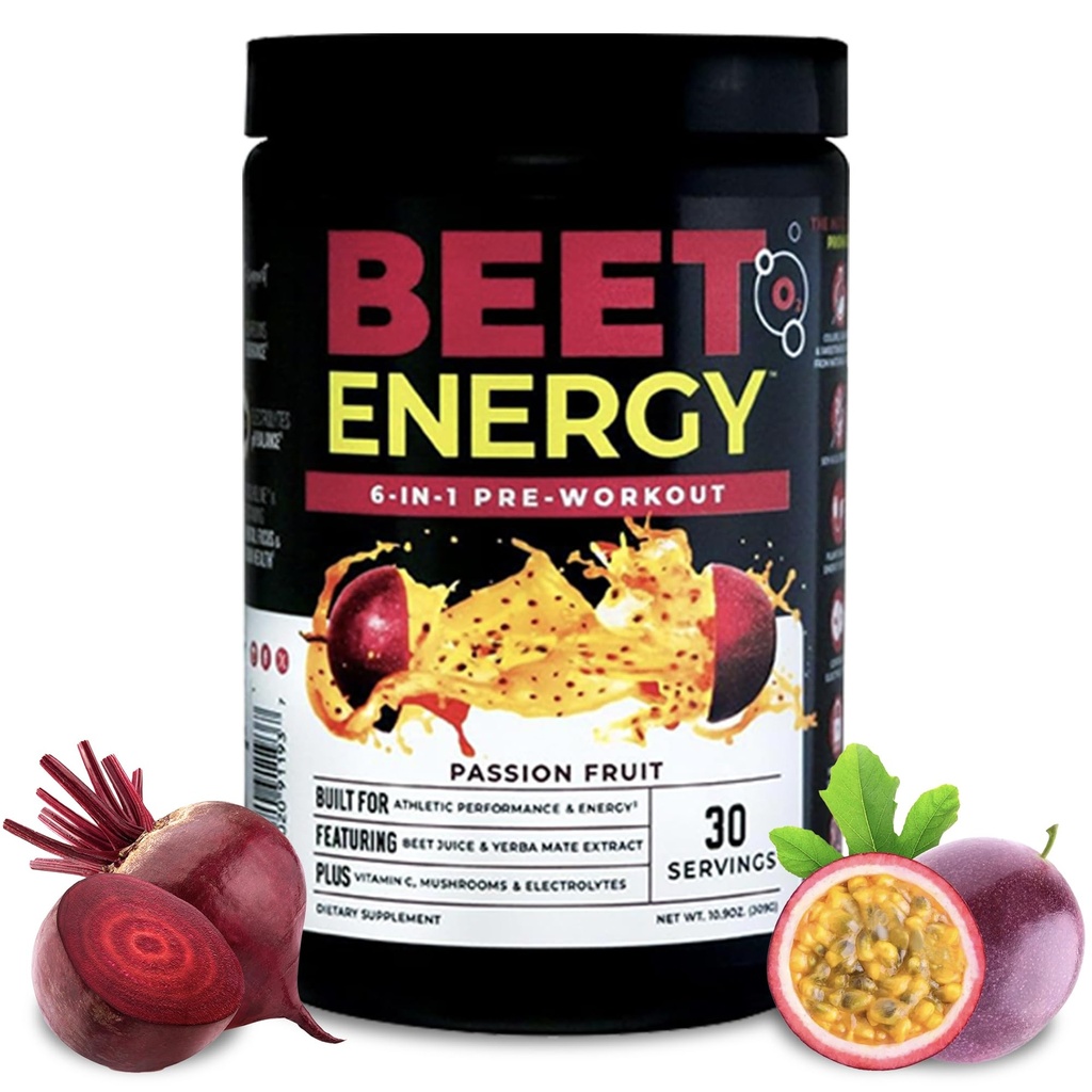 Nutrologija Beet Energy O2, Pre Workout Powder, Energy, Endurance & Dutric Oxide Booster with Beet Powder, Yerba Mate, Adaptogeni & Elektroliti, Vegan Pred Workout, Passion Fruit Flavor, 30 Servings