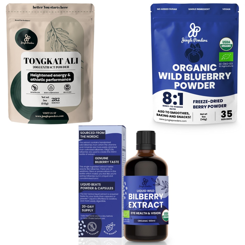 Jungle praški Ultimate Men's Health & Wellness Bundele: 5oz Tongkat Ali Powder, 5oz Wild Blueberry Powder & 3.4oz Organski borovničev tekoči ekstrakt - Premium dodatki za vožnjo, pasijon, oči