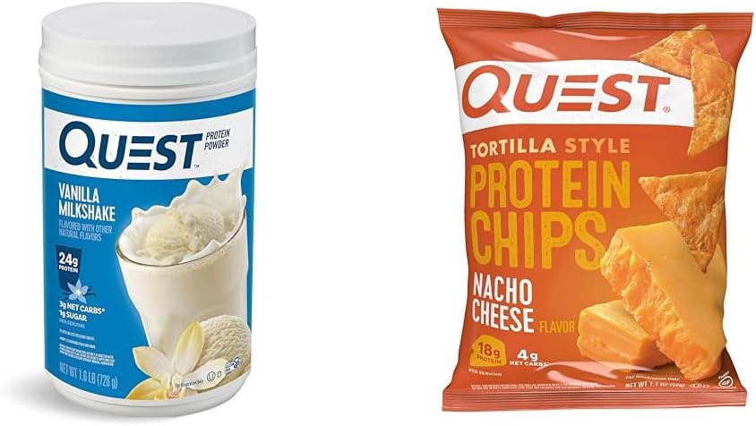 Quest Vanilla Milkshake Protein Powder, 24g Protein, 1.6lb + Quest Nacho Sir Tortilla Style Protein Chips, 18g Beljakovine, pakiranje po 12