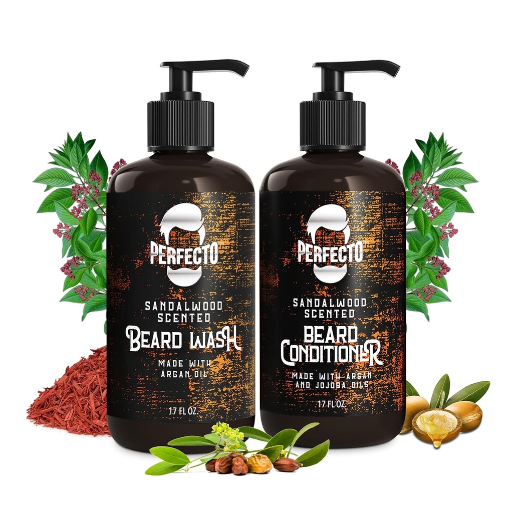 Perfecto Beard Wash & Beard Conditioner Garnitura z arganovim in jojobinim oljem - Krepi in softens - Naravni sandalov vonj