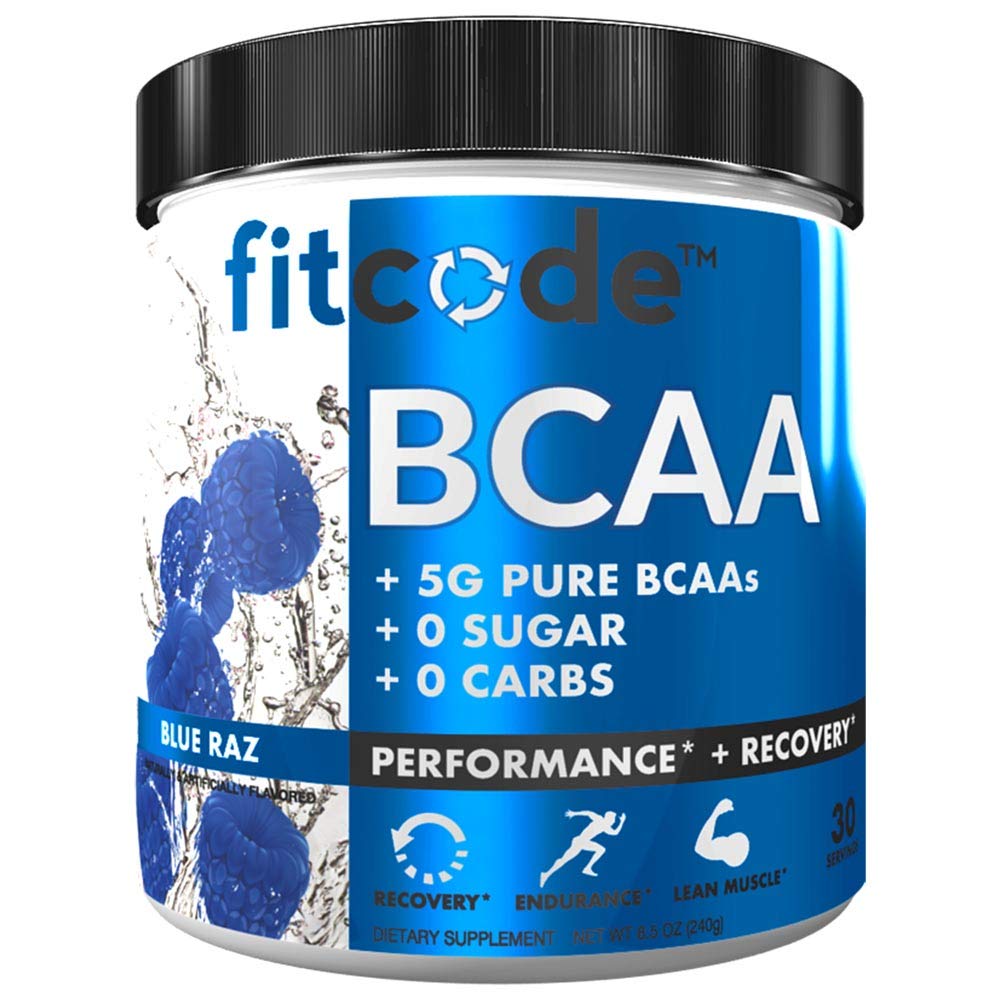 Fitcode Ultra Premium BCAA s 5G čistih BCAA z Proven 2:1:1 Razmerje aminokislin za pomoč pri okrevanju po treningu, rast mišic, vzdržljivost, 30 Serving (Modri Raz)