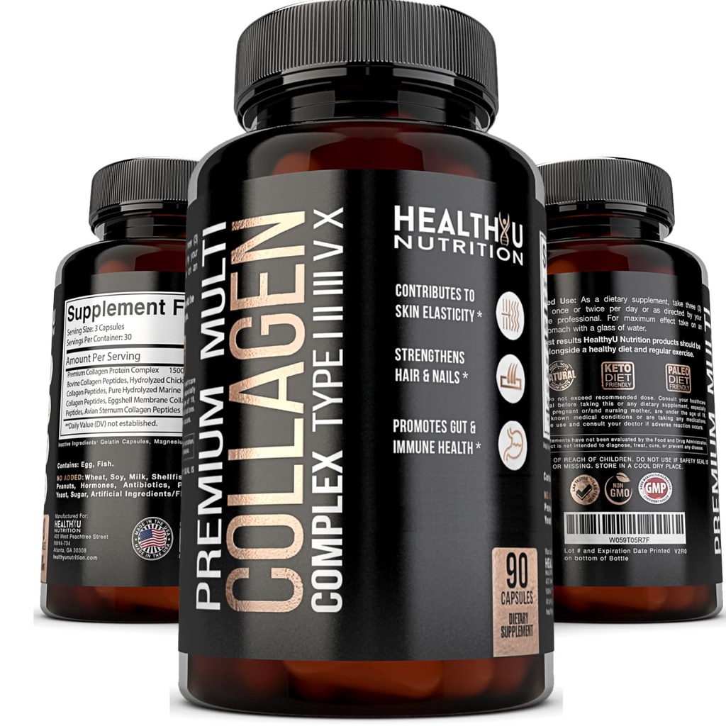Premium multi colagen peptidi tablete - hidrolizirane kolagen kapsule za moške in ženske Tipi 1 2 3 5 10 - Kolagen dodatki za moške - Colageno Hidrolizado Pastilas para Hombre Mujer 90 kapice