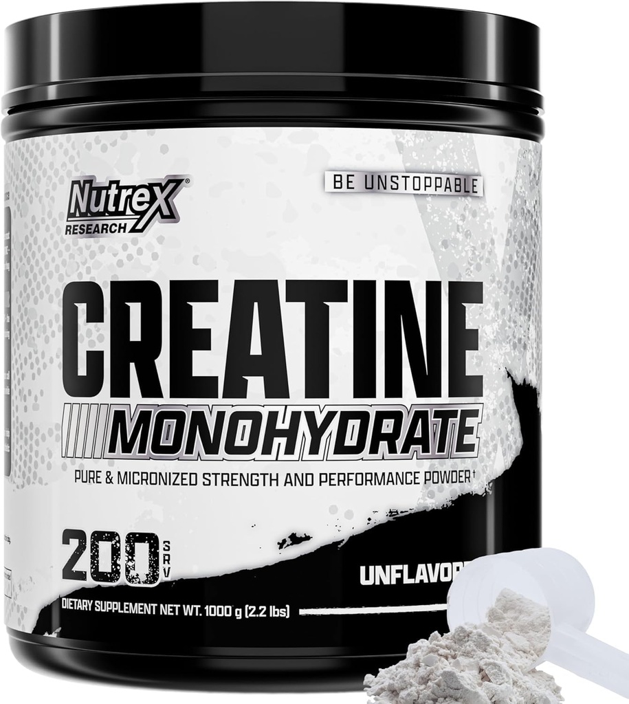 Nutrex Research Micronized Kreatin monohidrat v prahu - 200 Serving (1KG) Pure, Nearomatiziran Kreatin monohidrat Dodatek za pridobivanje, moč in zmogljivost mišic, 5G na Serv (2.2lbs)