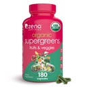 Zena Nutrition Organic Super Greens Sadje in zelenjava dodatek, 70+ Superživila iz sadja in zelenjave, 3g Fiber, Spirulina, Klorella, Prebiotiki in probiotiki, Prebavni encimi, 180 Kapsule