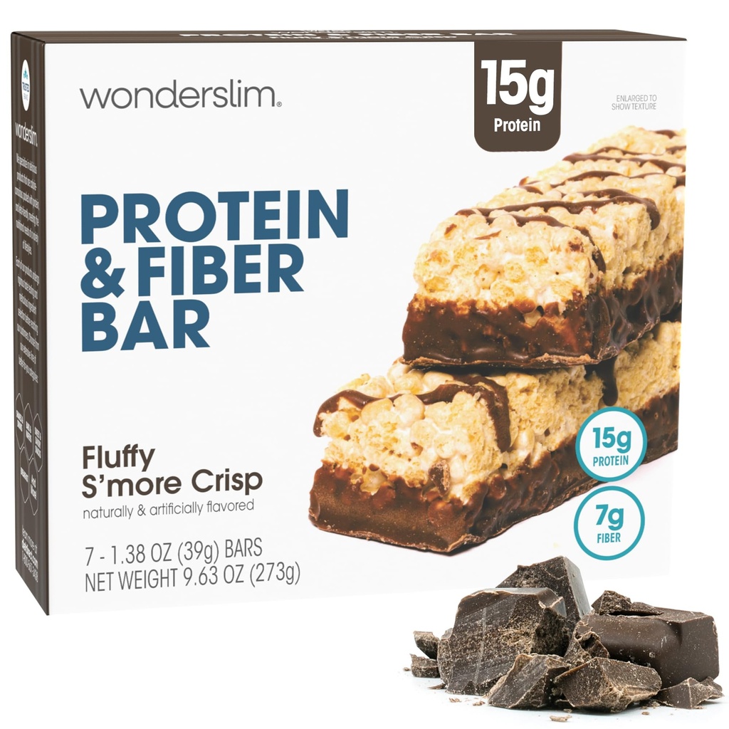 Wonderslim High Fiber Protein Bars, Fluffy S'more Crisp | 15g Protein, 8g Fiber | Low Sugar, Low Carb | Healthy Indulgence | Satisfying, Supports Energy & On-the-Go Convenience, 7 Pack