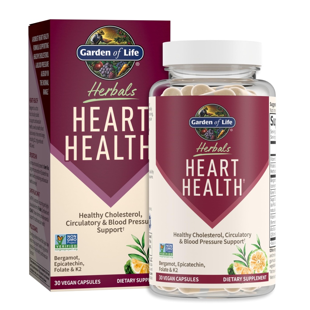 Vrt življenja Zelišča Heart Health dodatek z Folate, Bergamot, Zeleni čaj & Vitamin E & K za Cholesterol, Circulatory & Podpora krvnega tlaka, Non-GMO, Gluten-free, Citrus Flavor, 30 Servings