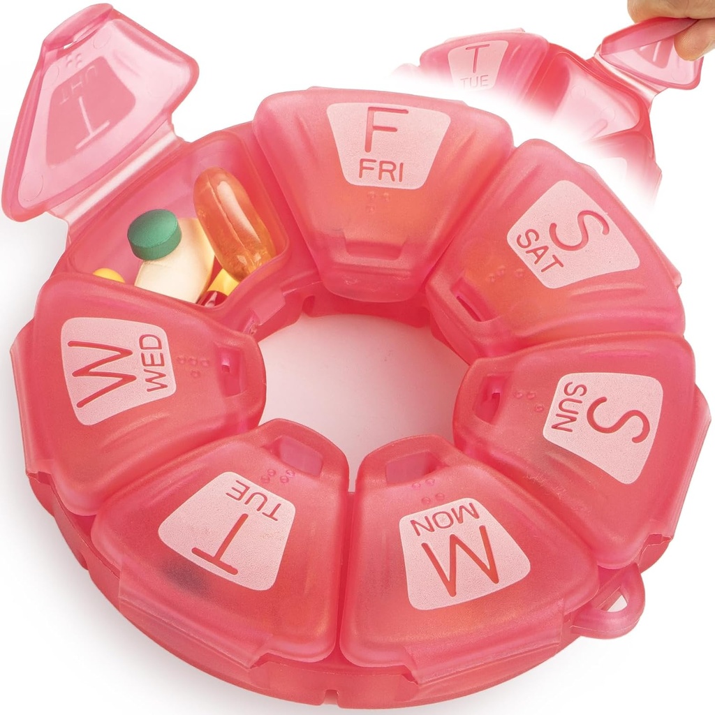 Round tedenske tablete Organizator, TPU Gumirani, Travel Pill Container 7 dan, s 7 Velikih delov, Super za dnevne vitamine in dodatki, Cute Pill Primer z velikimi črkami in Braillova pisava (Rose)