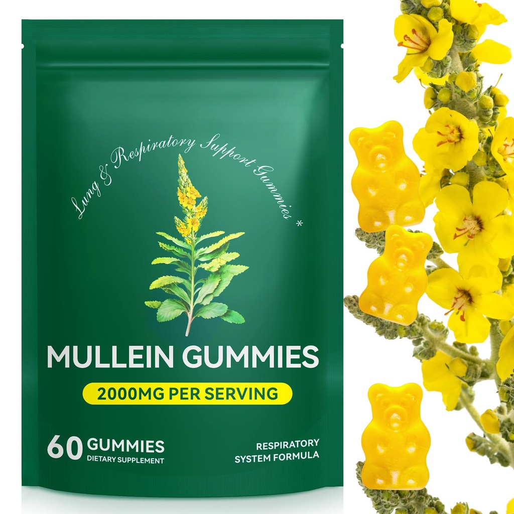 Mullein Gummies za Lung Detox, 2000mg Mullein Leaf Extract za dihala in prebavne in imunske podpore, Organski Mullein Herb Supplement za sluz Relief za dihala, Imune, Vegan 60 Gummies