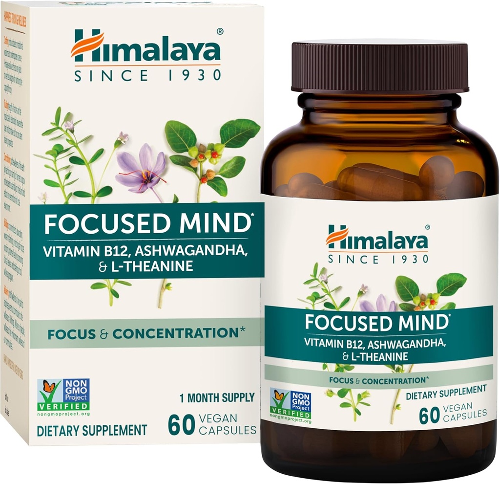 Himalaja osredotočen um z Ashwagandha, Bacopa & L-Theanine za fokus, energijo in pozornost, 60 kapsul, 1 mesec dobave, Vegan, Gluten brezplačno