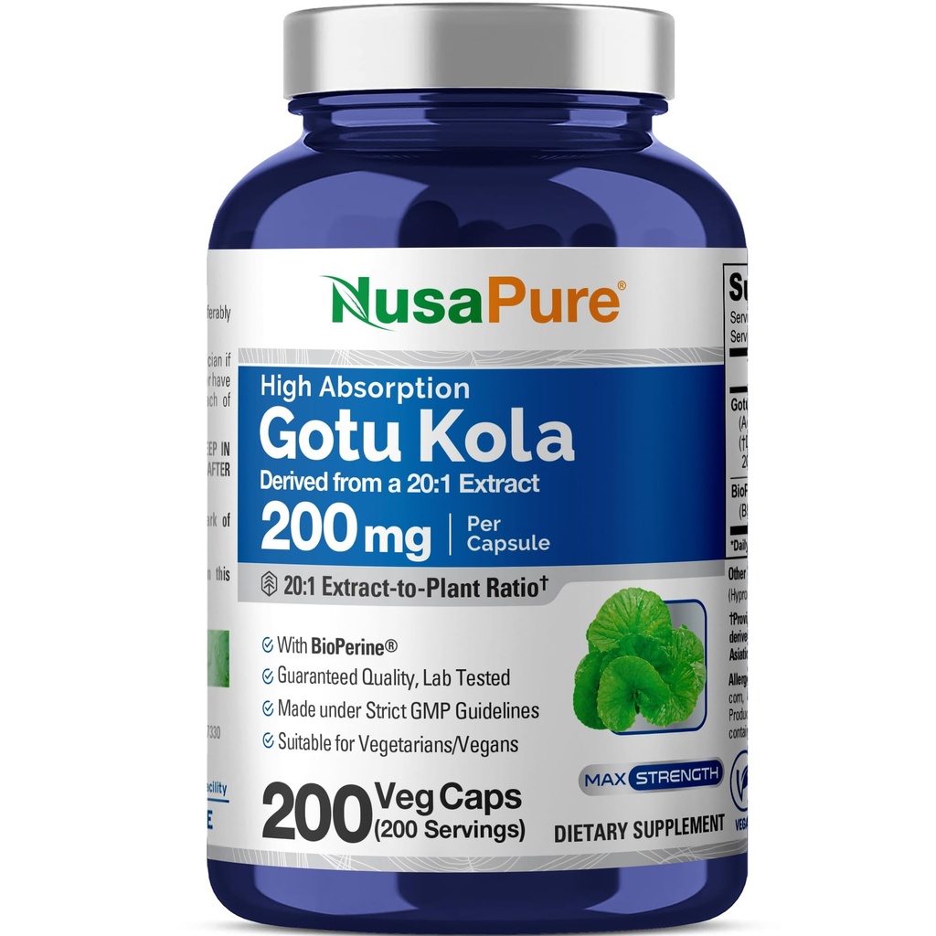 NusaPure Gotu Kola Kapsule 20:1 Extract, 200 mg Enakovreden 4000 mg na Veggie Caps, 200 Count, Non-GMO, Vegan, Bioperine - Tradicionalni Herb Extract