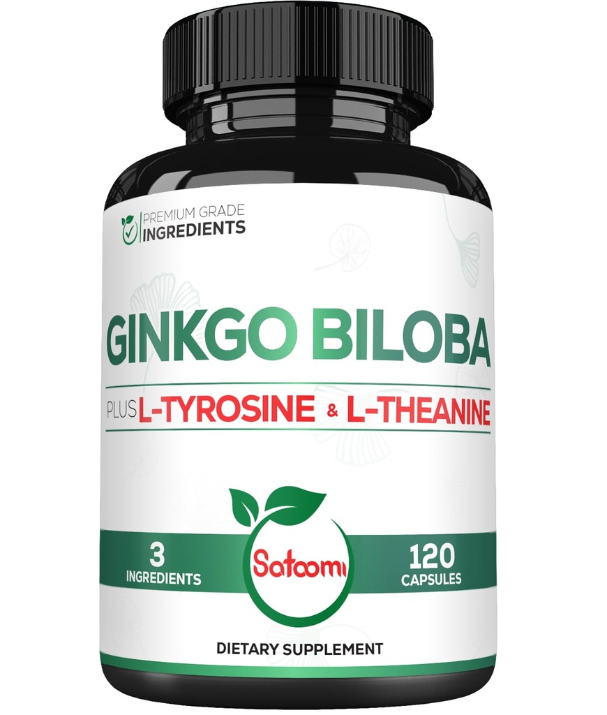 1000mg Ginkgo Biloba dopolnila z L-tirozin, L-teanin - 120 Kapsule za 2-mesečno oskrbo - podpora fokus, Mermory funkcija, zdravje možganov in kakovost vida