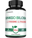 1000mg Ginkgo Biloba dopolnila z L-tirozin, L-teanin - 120 Kapsule za 2-mesečno oskrbo - podpora fokus, Mermory funkcija, zdravje možganov in kakovost vida