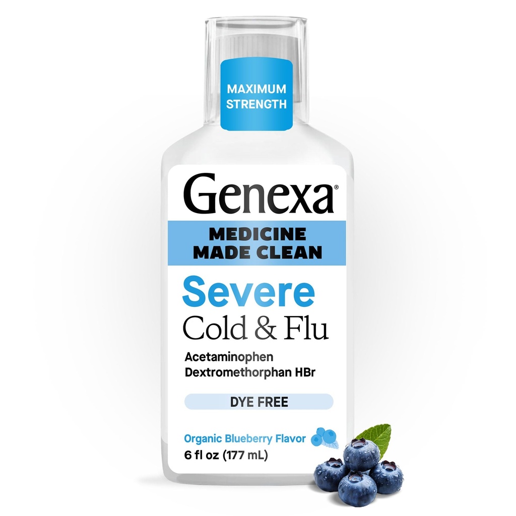 Zdravilo Genexa Clean Cold & Flu Relief, brez barvila, 0% umetni dodatki, huda dnevna medicina za bolečine v telesu, kašelj, prehlad in gripa, glavobol, zvišana telesna temperatura, prebavne motnje v prsnem košu, organska borovničeva aroma, 6 fl oz
