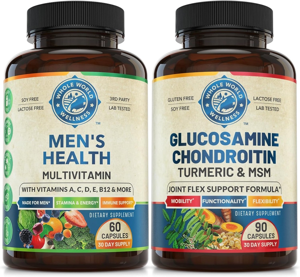 Mens Daily Multivitamines & Advanced Joint Support Bundle (ena steklenica vsak). Kolektivno podpira holistično dobro počutje, okrepljeno energijo in skupno zdravje. USA Made.