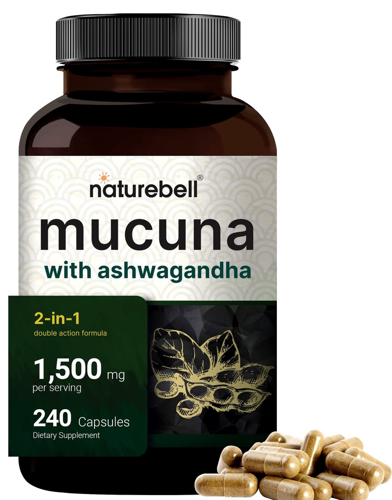 Mucuna Pruriens Kapsule, Trojna moč 1500mg na serviranje, 2 v 1 Formula, Izdelano z Mucuna in Ashwagandha, 240 Kapsule, Potent Seed Extract, Positive Mood, Sprostitev in restavriranje Podpora