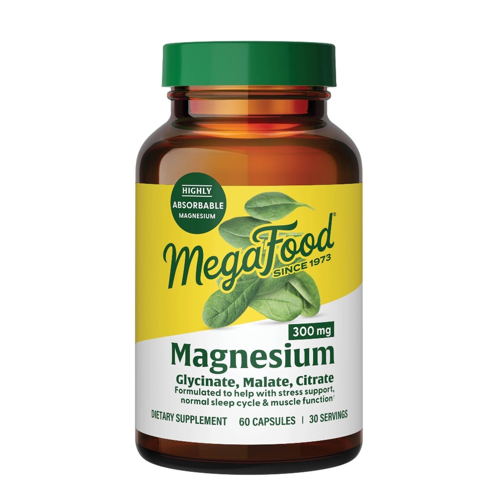 MegaFood Magnezijev glicinat, Citrat, Malate 300mg dodatek - Absorbljiva mešanica v podporo srcu, Živčno zdravje in sprostitev, Triple Magnezijev kompleks dopolnilo, 60 Kapsule (30 strežnice)