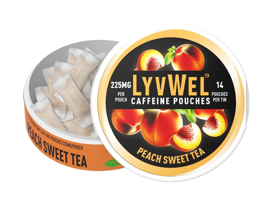 LyvWel Ultra Caffeine Pouch – Peach Sweet Tea – 225mg Natural Caffeine z Guarana – Čista energija za fokus & Mood – 1-Pack (15 vrečke)