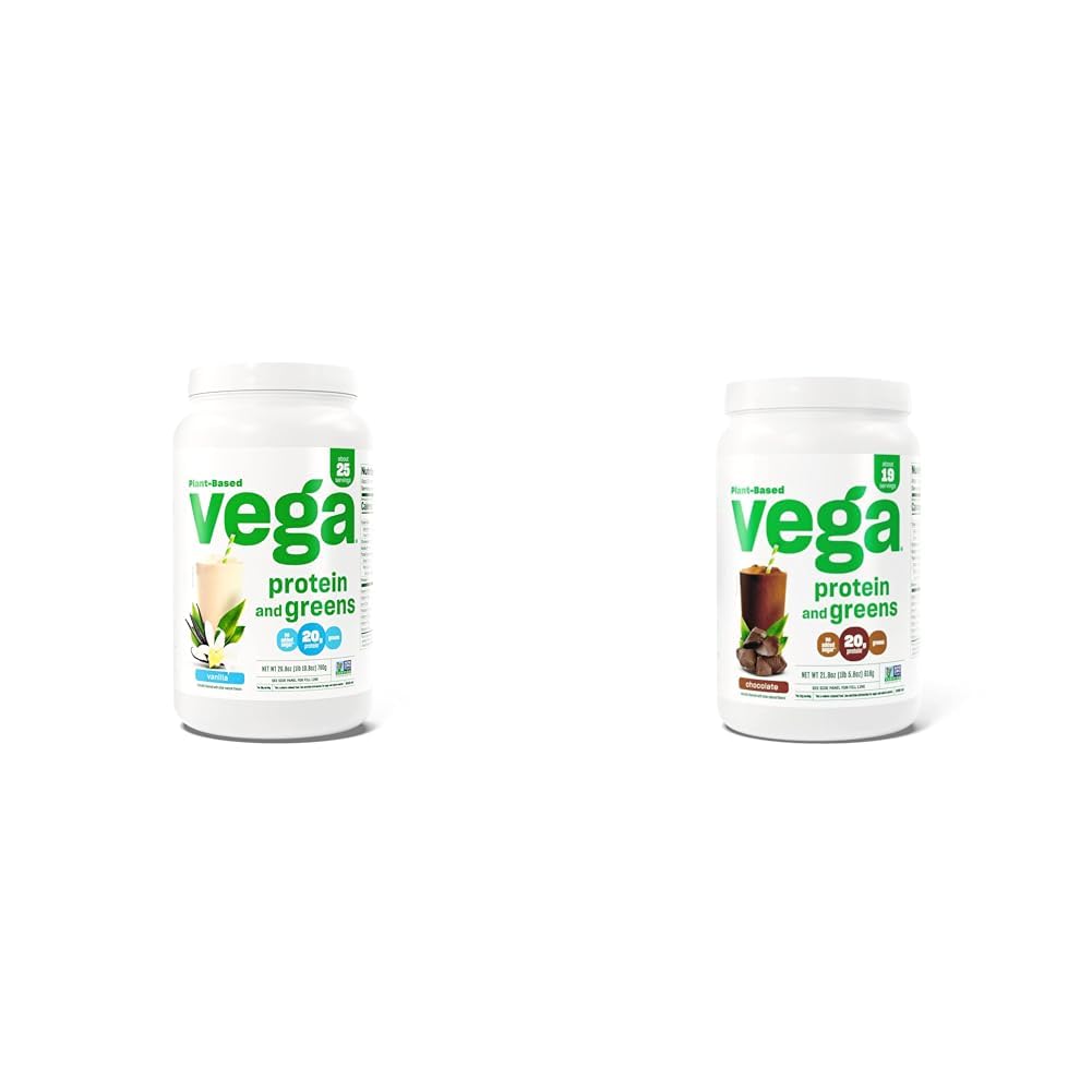 Vega proteini in zeleni proteini v prahu, vanilija - 20g beljakovin na osnovi rastlin Plus vegetarijanci, vegani in proteini in zeleni proteini v prahu čokolada (19 serving) - 20g beljakovin na osnovi rastlin Plus